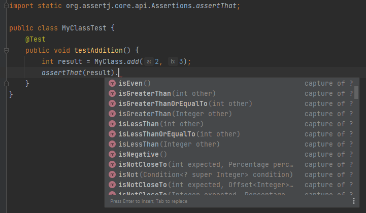 AssertJ assertThat Content Assist