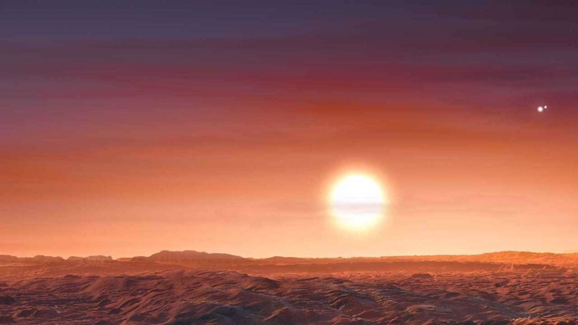 An artist's rendering of a rocky world orbiting a red dwarf star within a three-star system